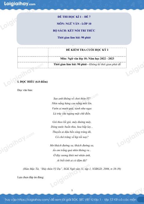 Đề thi học kì 1 Văn 10 Kết nối tri thức - Đề số 7